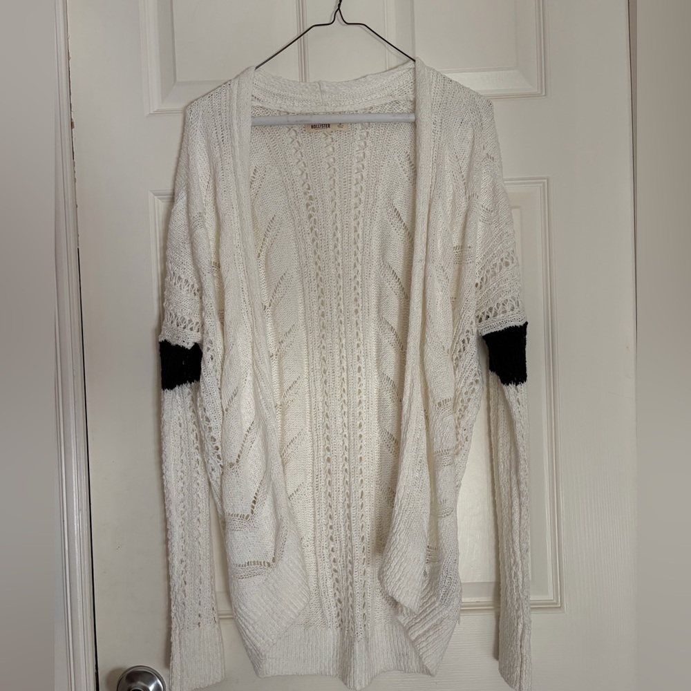 Hollister-Front Cream Knit Cardigan with Navy Elbow Detail